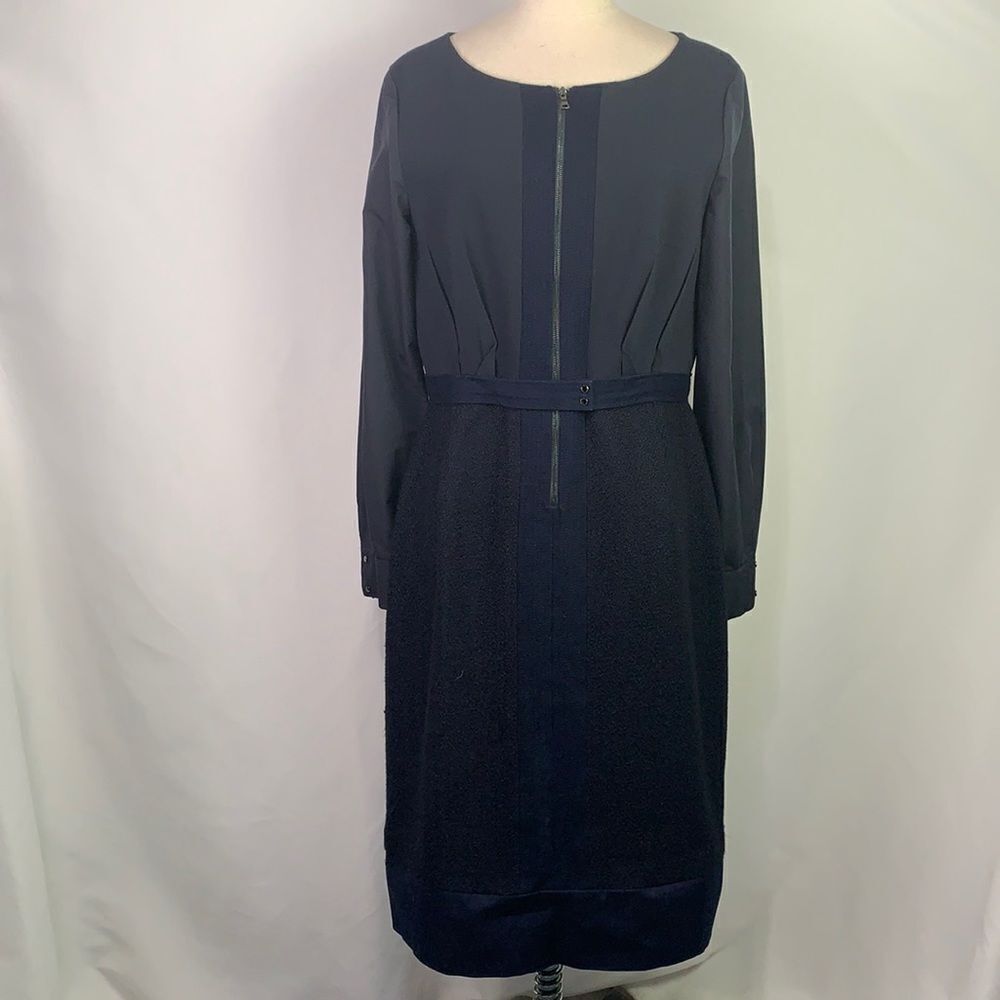 Elie Tahari blue mixed texture zip front/belted dress